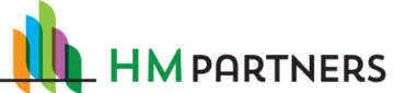 HM Partners Logo - Green And Black Sans-serif Type With Building Icon Illustration To Left
