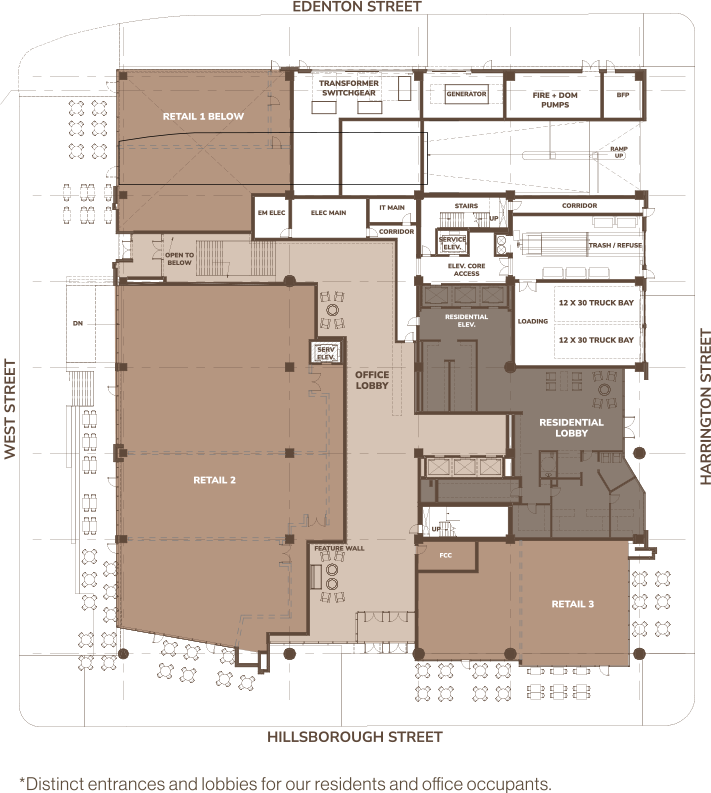 Brown floor plan drawing of retail ground floor plan