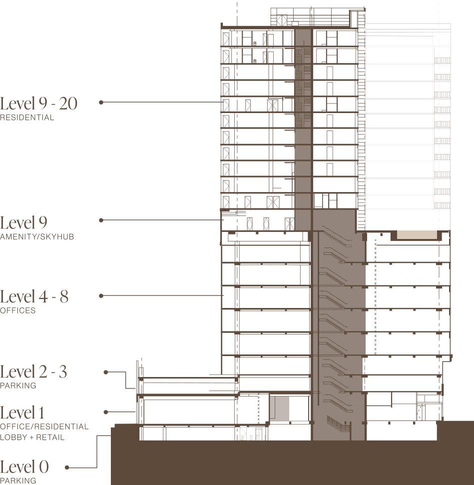 Brown floor plan drawing of retail floor levels